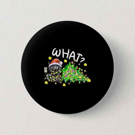 Funny Black Cat Gift Pushing Christmas Tree Over C Ronde Button 5,7 Cm (Voorkant)