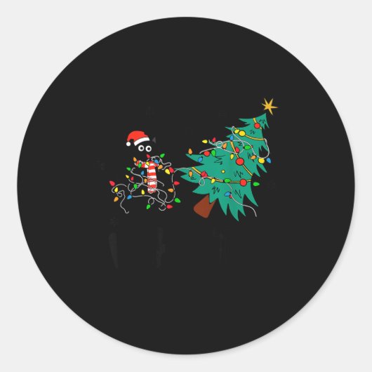 Funny Black Cat Gift Pushing Christmas Tree Over C Ronde Sticker (Voorkant)