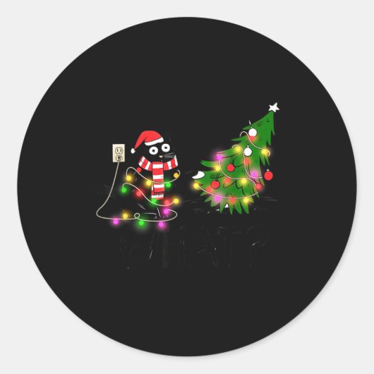 Funny Black Cat Gift Pushing Christmas Tree Over C Ronde Sticker (Voorkant)