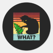 Funny Black Cat Gift Pushing Christmas Tree Over C Ronde Sticker (Voorkant)