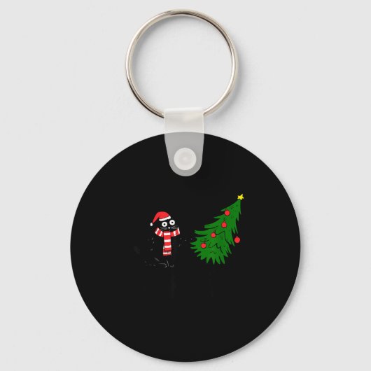 Funny Black Cat Gift Pushing Christmas Tree Over C Sleutelhanger (Voorkant)