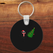 Funny Black Cat Gift Pushing Christmas Tree Over C Sleutelhanger (Voorkant)