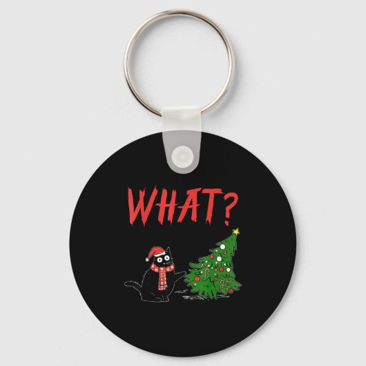 Funny Black Cat Gift Pushing Christmas Tree Over C Sleutelhanger (Voorkant)