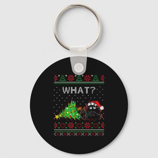 Funny Black Cat Gift Pushing Christmas Tree Over C Sleutelhanger (Voorkant)