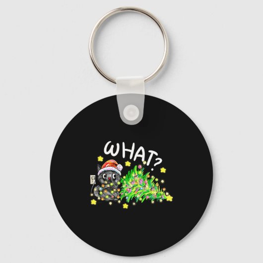 Funny Black Cat Gift Pushing Christmas Tree Over C Sleutelhanger (Voorkant)