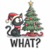 Funny Black Cat Gift Pushing Christmas Tree Over C Sticker (Voorkant)