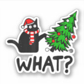 Funny Black Cat Gift Pushing Christmas Tree Over C Sticker (Voorkant)