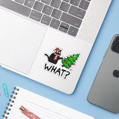 Funny Black Cat Gift Pushing Christmas Tree Over C Sticker (Laptop met iPhone)