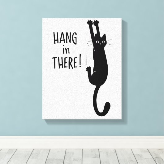 Funny Black Cat Hanging On | Wacht even. Canvas Afdruk (Insitu (Houten vloer))