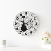 Funny Black Cat in Black en White Flower Garden Grote Klok (Huis)