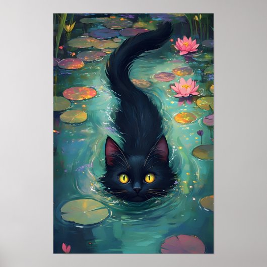 Funny Black cat is swimming  Poster (Voorkant)