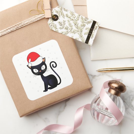 Funny Black Cat Kerstmis Snowflake Cat Lover Vierkante Sticker (Geschenken)
