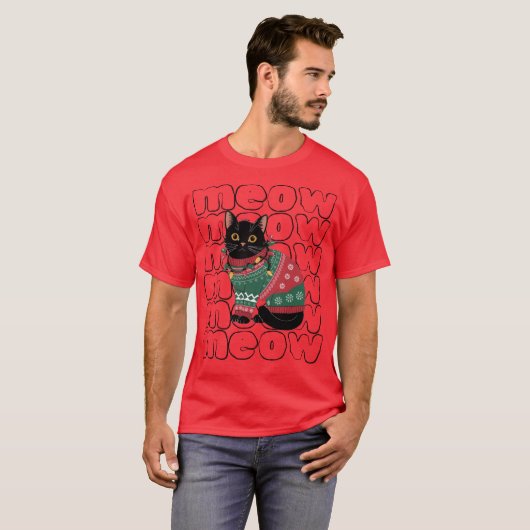 Funny Black Cat Kerstmis T-shirt (Voorkant volledig)