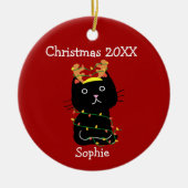 Funny Black Cat kersttekening Monogram Red Keramisch Ornament (Voorkant)