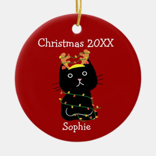 Funny Black Cat kersttekening Monogram Red Keramisch Ornament (Voorkant)