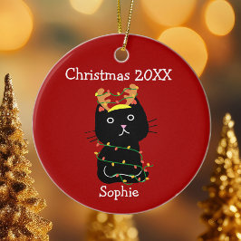 Funny Black Cat kersttekening Monogram Red Keramisch Ornament
