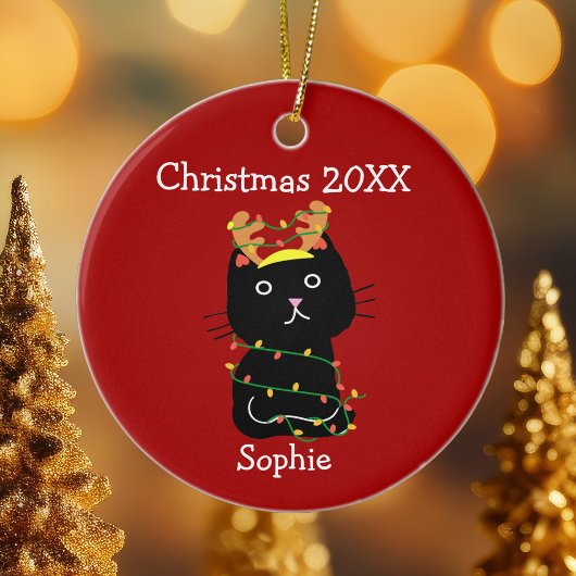 Funny Black Cat kersttekening Monogram Red Keramisch Ornament
