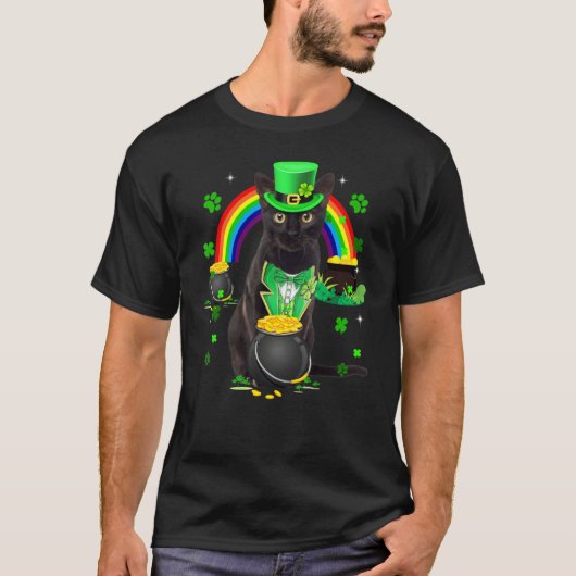 Funny Black Cat Leprechaun Shamrock St. T-shirt (Voorkant)