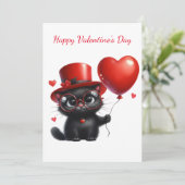Funny Black Cat met ballonnen Valentijnsdag Feestdagenkaart (Staand voorkant)