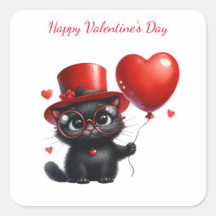 Funny Black Cat met ballonnen Valentijnsdag Vierkante Sticker