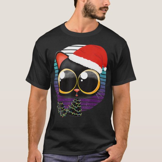 Funny Black Cat met kerstlampjes en S T-shirt (Voorkant)