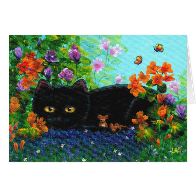 Funny Black Cat Mice Flowers Creationarts (Voorkant Horizontaal)
