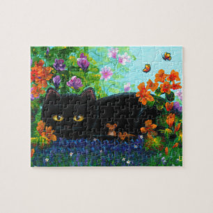 Funny Black Cat Mice Flowers Creationarts Legpuzzel