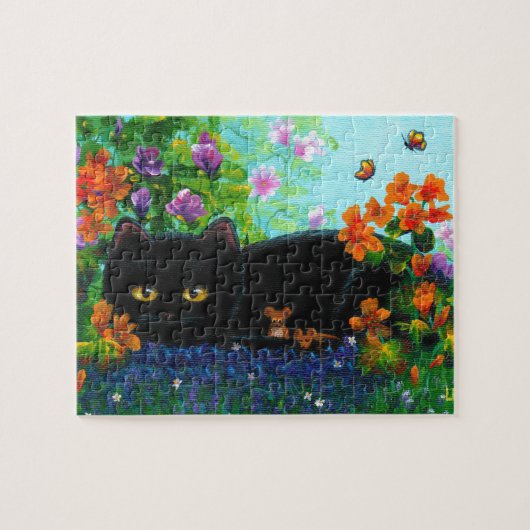 Funny Black Cat Mice Flowers Creationarts Legpuzzel (Horizontaal)