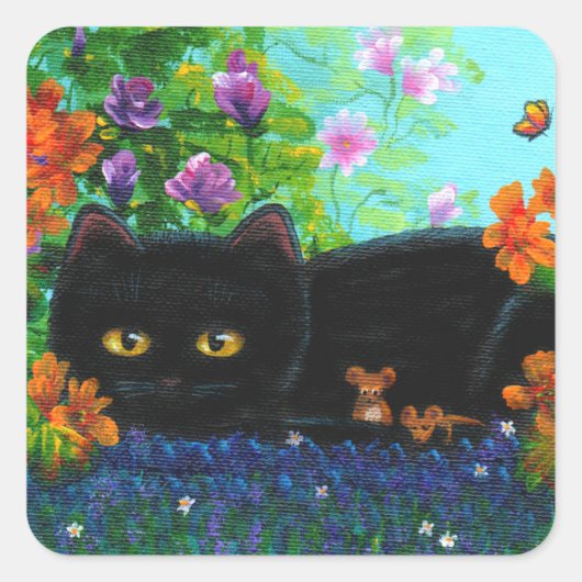 Funny Black Cat Mice Flowers Creationarts Vierkante Sticker (Voorkant)