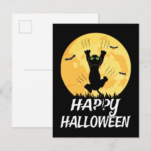Funny Black Cat Moon Happy Halloween Aankondigingskaart (Voorkant / Achterkant)