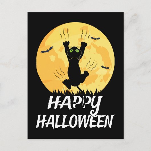 Funny Black Cat Moon Happy Halloween Aankondigingskaart (Voorkant)