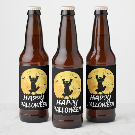 Funny Black Cat Moon Happy Halloween Bier Etiket (Flessen)