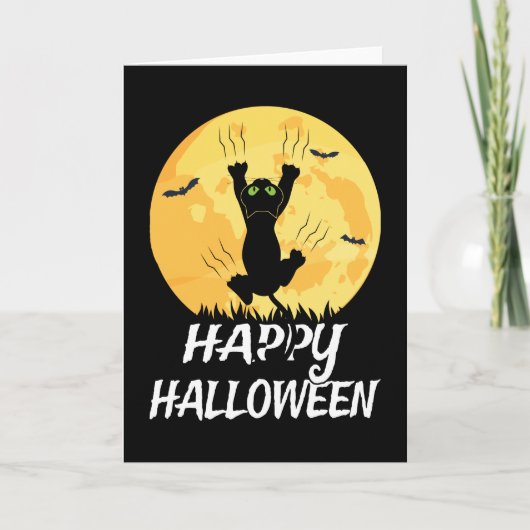 Funny Black Cat Moon Happy Halloween Kaart (Voorkant)