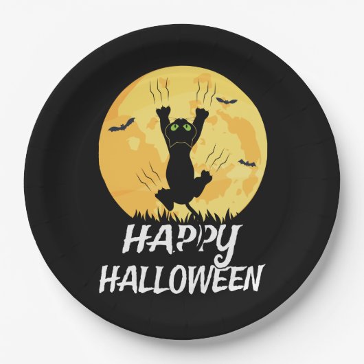 Funny Black Cat Moon Happy Halloween Papieren Bordje (Voorkant)