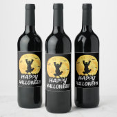 Funny Black Cat Moon Happy Halloween Wijn Etiket (Flessen)