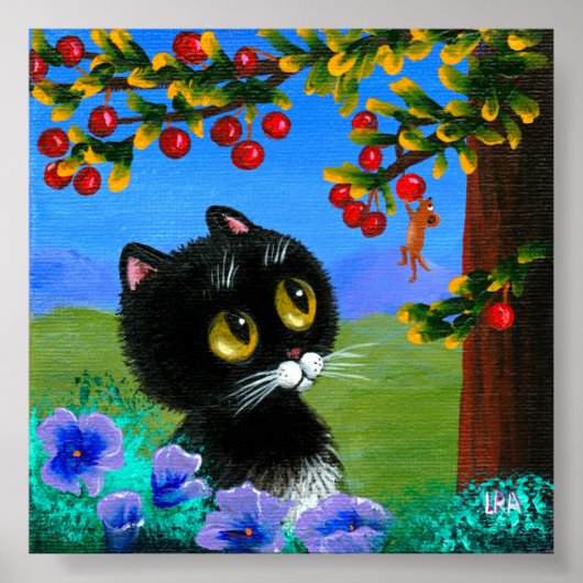 Funny Black Cat Mouse Cherries Creationarts Poster (Voorkant)