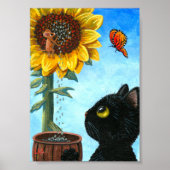Funny Black Cat Mouse Sunflower Creationkunst Poster (Voorkant)