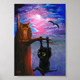 Funny Black Cat Owl Herfst Moon Creationarts Poster