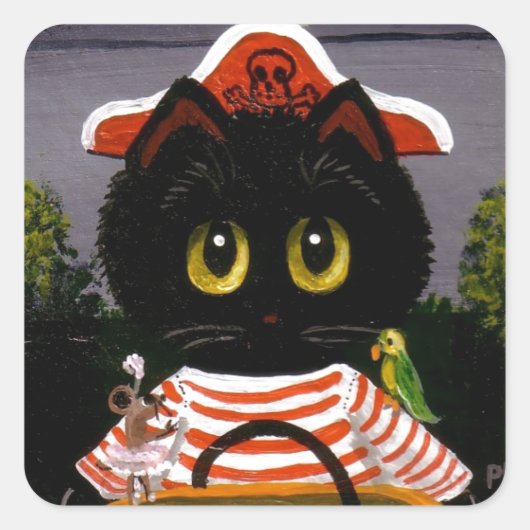 Funny Black Cat Pirate Creationarts Lisa Adams Vierkante Sticker (Voorkant)