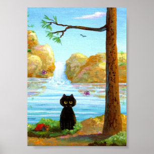 Funny Black Cat Poster Print Waterfall Lake