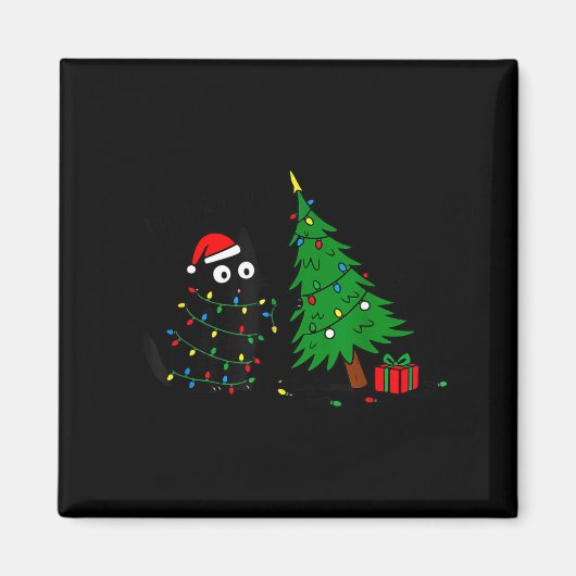Funny Black Cat Pushing 67 Christmas Tree Over Cat Magneet (Voorkant)