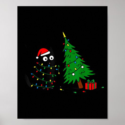 Funny Black Cat Pushing 67 Christmas Tree Over Cat Poster (Voorkant)
