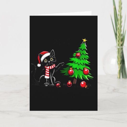 Funny Black Cat Pushing Christmas Tree Over Cat Wh Kaart (Voorkant)
