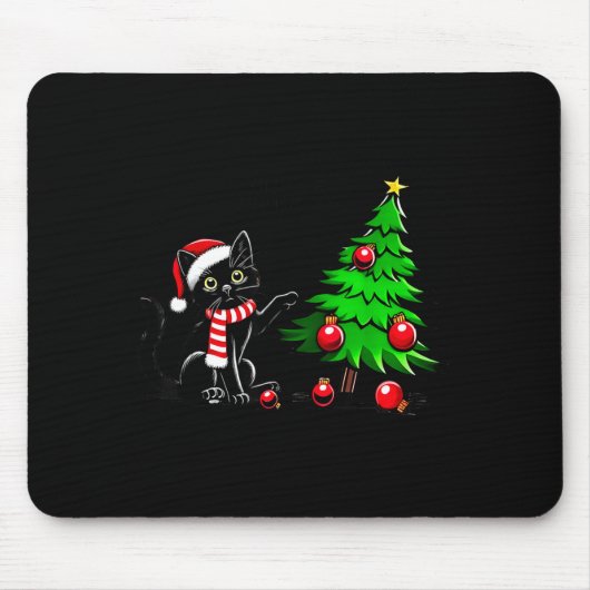 Funny Black Cat Pushing Christmas Tree Over Cat Wh Muismat (Voorkant)