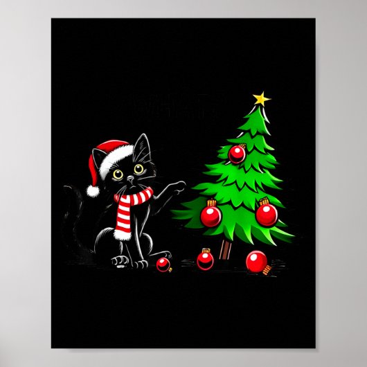 Funny Black Cat Pushing Christmas Tree Over Cat Wh Poster (Voorkant)