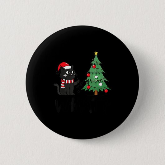 Funny Black Cat Pushing Christmas Tree Over Cat Wh Ronde Button 5,7 Cm (Voorkant)