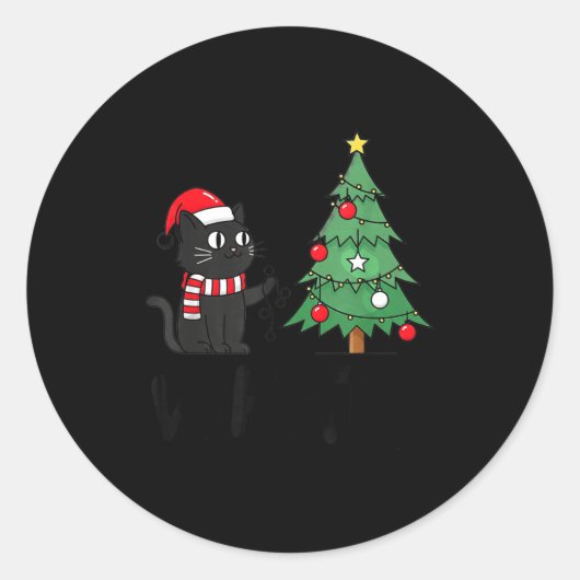 Funny Black Cat Pushing Christmas Tree Over Cat Wh Ronde Sticker (Voorkant)