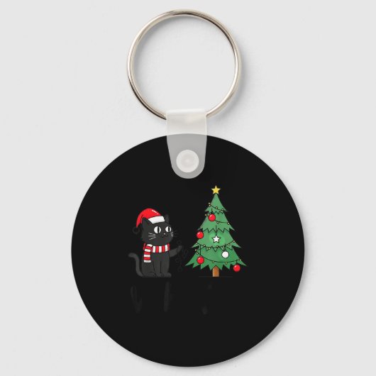 Funny Black Cat Pushing Christmas Tree Over Cat Wh Sleutelhanger (Voorkant)