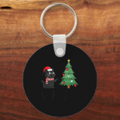 Funny Black Cat Pushing Christmas Tree Over Cat Wh Sleutelhanger (Voorkant)