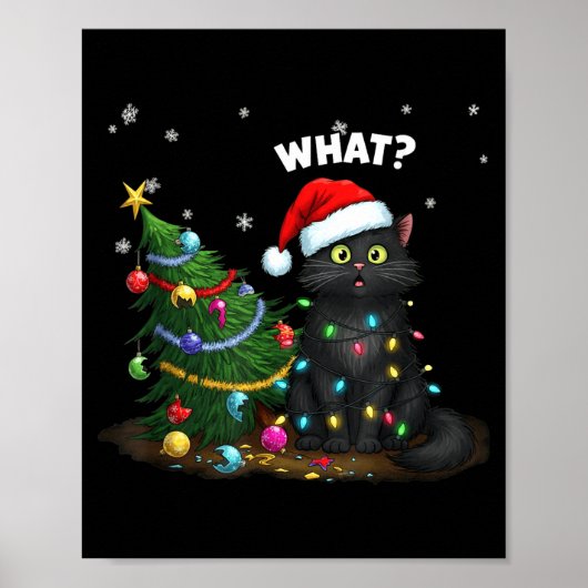 Funny Black Cat Pushing Christmas Tree Poster (Voorkant)